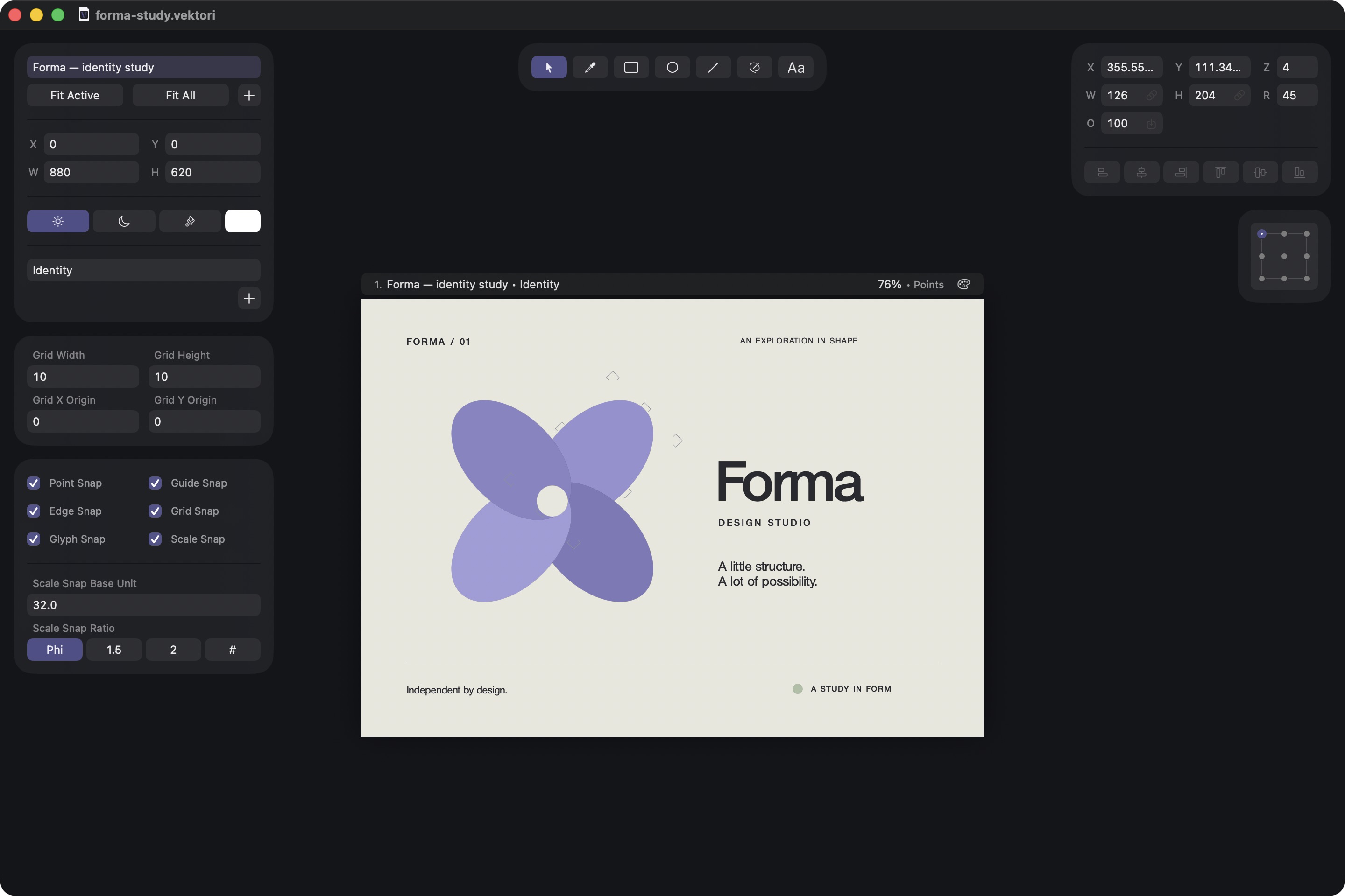 Vektori’s native Mac workspace with a lavender geometric mark, live typography, an artboard, and compact editing tools.